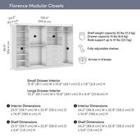 Système de placard modulaire avec étagères, tiroirs, tringles à vêtements et éclairage LED, style Shaker, 121W X 25D