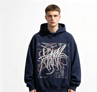Sweat-shirt à capuche streetwear personnalisé imprimé Kornit, 100% coton, écologique, épais, effet vieilli, délavé à l'acide, bleu marine