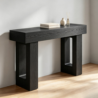 Table console moderne de luxe en bois massif noir avec cadre en tréteaux creux, profondeur réduite, meubles de salon