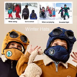 도매 소년 방풍 귀 플랩 파일럿 모자 여자 겨울 비행사 안경 모자 아이 두꺼운 따뜻한 폭격기 모자 얼굴 마스크