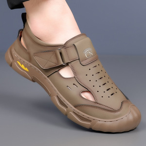 New Arrival Men's Hook and Loop Closed Toe Leather <b>Sandals</b> Hand Sewn Hollow Breathable Casual Summer <b>Sandals</b> - Product Image 1