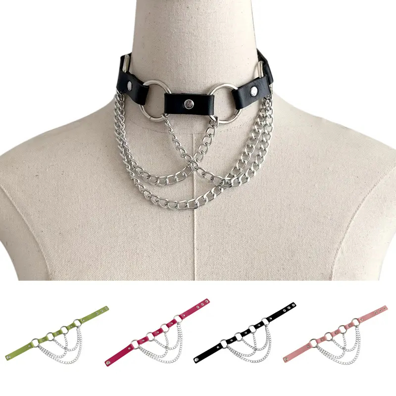 jinlong original new punk style chain neck with temperament fashion connecting ring lace PU leather collar