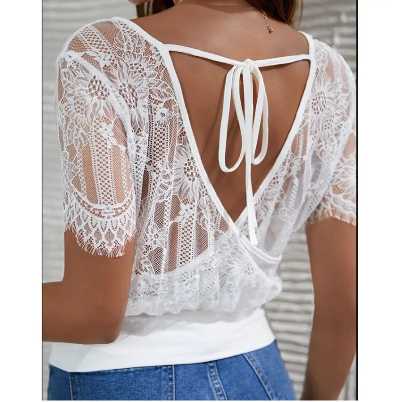 2023 Estilo francês Mulheres Vestuário Confortável Mangas Curtas Blusas Camisas Brancas Com Gravata Voltar V Pescoço Contraste Lace Top