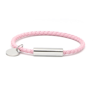 Braided Leather Bracelet with Stainless Steel Tubular Clasp & <b>Engravable</b> Laser Name Disc Charm | Personalized Unisex Jewelry - Product Image 5