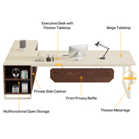 Bureau d'ordinateur exécutif en L contemporain de 70,8 pouces avec armoire de rangement et étagères en bois et métal pour bureau à domicile