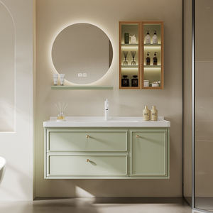 Meuble de salle de bain intelligent moderne de luxe vert avec miroir en nid d'abeille, éclairage LED, lavabo en céramique blanche, panneau en mélamine, finition laquée - Product Image 1