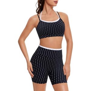 Conjuntos Deportivos para Mujer, Bra Deportivo con Estampado de Lunares y Pantalones Cortos, Conjunto de 2 Piezas, Ropa de Yoga Transpirable, Ribete en Contraste, Spandex, Poliéster - Product Image 1
