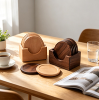 Sous-verres en bois massif, sous-verres ronds en bois naturel, lot de 6 avec support de rangement, sous-verres pour tasses, décoration d'intérieur