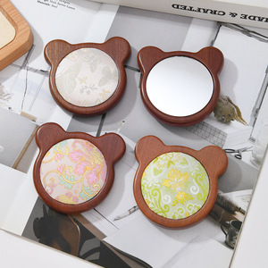 Antique-style wooden Song brocade <b>bear</b> mini makeup mirror, portable student carry mirror, <b>cute</b> beauty mirror, dirt-resistant - Product Image 1