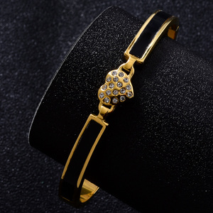 anti-fade glossy 18k gold custom bulk wholesale delicate heart <b>crystal</b> streamlined black enamel timeless chic bangle <b>bracelet</b> - Product Image 5
