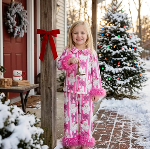 Girls Pink Striped Santa Pajama Set Pants Character Print Fuzzy Trim Eco-Friendly Spandex/Polyester Comfortable Sleepwear - Product Image 5