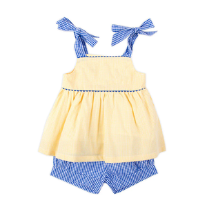 Estate striscia gialla Seersucker bambina Set corto <span class=keywords><strong>per</strong></span> bambini <span class=keywords><strong>vestiti</strong></span> abbinati su misura di cotone bambino vestito <span class=keywords><strong>per</strong></span> le ragazze - Product Image 2