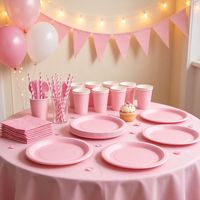 Kit de Vaisselle Jetable Rose Uni en Stock pour Fête d'Anniversaire – Assiettes, Gobelets, Serviettes, Couteaux, Fourchettes, Cuillères en Papier – Vente en Gros