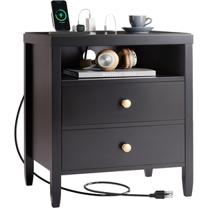 Table de <span class=keywords><strong>chevet</strong></span> moderne avec station de charge, noire, 2 tiroirs, table de <span class=keywords><strong>chevet</strong></span>, table de rangement pour <span class=keywords><strong>lit</strong></span> - Product Image 1