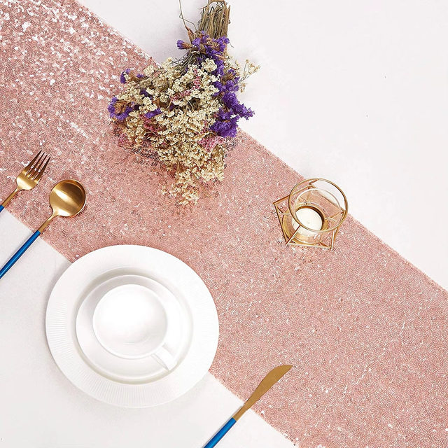 Luxury Woven 100% Polyester Rose Gold Shiny Glitter Sequin Table Runner for Wedding Banquet