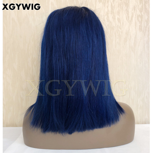 Stock Ombre Two Tone Color 100% Virgin Brazilian Human Hair T1B/<strong>Blue</strong> 12" Black Roots BOB Straight Full Lace Dark <strong>Blue</strong> <strong>Wig</strong> - Product Image 6