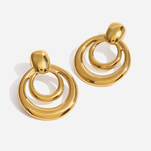 Boucles d'oreilles créoles géométriques double couche en acier inoxydable doré, style fête et mode - Product Image 1