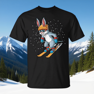 Ski <b>Rabbit</b> <b>T</b>-<b>Shirt</b> Skiing Bunny Design Black Cotton Promotional <b>Shirt</b> - Product Image 3