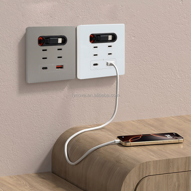 20W-Type C USB Socket Multifunctional Power Wall Panel with Retractable Charging Cable AC Outlet 16A Rated Current Power Strip