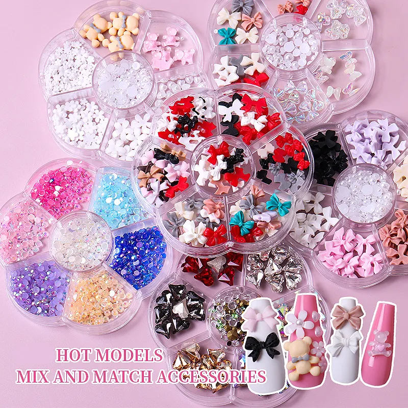 Nail accessories bow half round pearl, flower cartoon steel ball Aurora Bear heart nail decoration drill Nail accessories