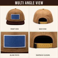 Casquette de baseball unisexe ajustable à 6 panneaux, visière plate, brossée, personnalisable, bleue, avec patch vierge et visière marron, vente en gros, OEM, MOQ