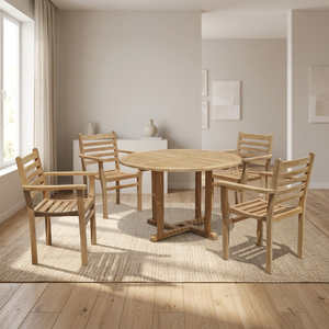 Teak <b>Round</b> Dining <b>Table</b> Set with 4 Chairs Outdoor Furniture Scandinavian Style Weather Resistant Solid Wood Garden Set - Product Image 1