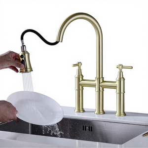 Hoogwaardige messing warm-koud water uittrekbare kraan Scandinavische Amerikaanse stijl Driepotige draadtrekkende geborstelde gouden keukenkraan Chroom - Product Image 1