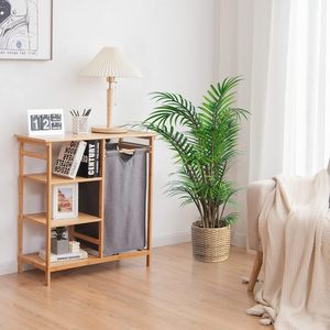Weijia Bamboo Bathroom Storage Rack With Laundry Basket Multi Layer Floor Standing <b>Shelf</b> For <b>Bedroom</b> And Bathroom - Product Image 2