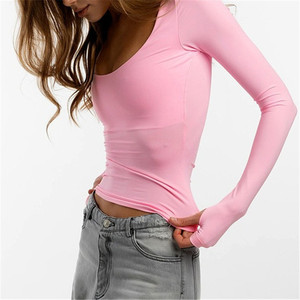 2025 primavera nuevas blusas básicas de fondo Sexy cuello cuadrado sobre los dedos Color sólido cintura delgada corta Slim Fit camiseta de tela de punto - Product Image 4