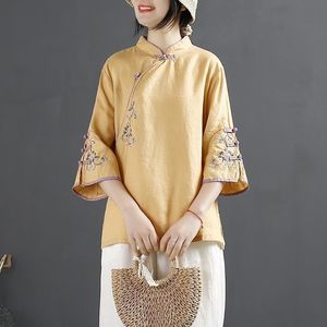 Chinese Style Cotton Linen Shirt Women Spring Summer Stand Collar Frog Button Embroidered Tea Dress Pink White Blue Yellow - Product Image 3