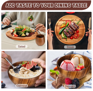 Pratique chaud 16 pièces ensemble de vaisselle en bois d'acacia plateau en bois assiettes rondes en bois bols en bois massif et tasses à thé pour la cuisine - Product Image 5