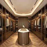 Système de dressing central incurvé en bois avec éclairage LED, armoire de rangement sur mesure pour chambre de villa en immeuble de grande hauteur