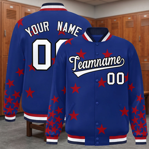 Chaqueta Varsity Azul Personalizada para Hombre con Estrellas Rojas, Nombre y Número Personalizados, Estilo Preppy, Ropa de Otoño - Product Image 5