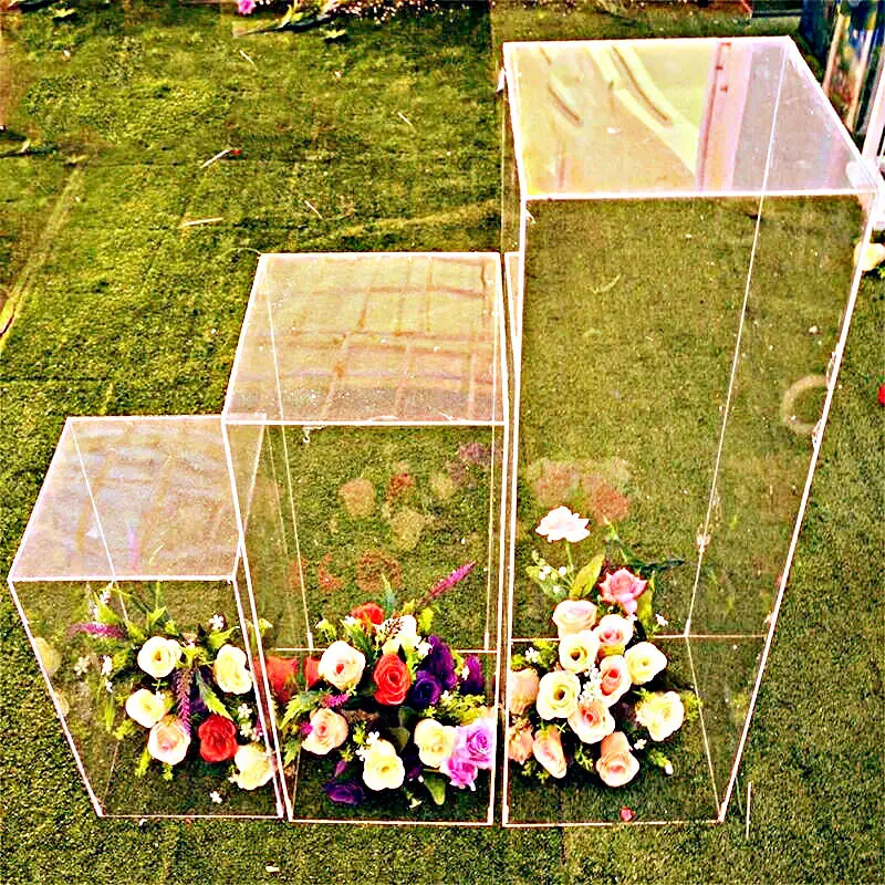 Suporte de acrílico quadrado para decoração de festas de casamento, suporte de flores e pedestais de coluna quadrada transparente