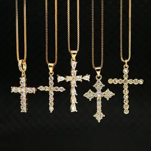 Ns1082 colar de pingente de cruz, joia de diamante cristã, corrente banhada a ouro, aço inoxidável, micro-pave cz