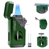 Briquet torche classique pour cigares et cigarettes, flamme 4 jets, coupe-vent, rechargeable au butane, durable, avec support de coupe-cigare et poinçon, idéal pour les cadeaux promotionnels