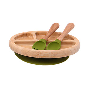 Vente en gros d'usine de vaisselle en fibre de bambou pour bébé manche en bois fourchette cuillère en silicone ensemble de plaques d'aspiration pour enfants - Product Image 3