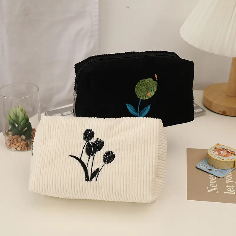 Bolsa de almacenamiento portátil para cosméticos para mujer, bolsa de gran capacidad de algodón y lino con flores bordadas, para maquillaje