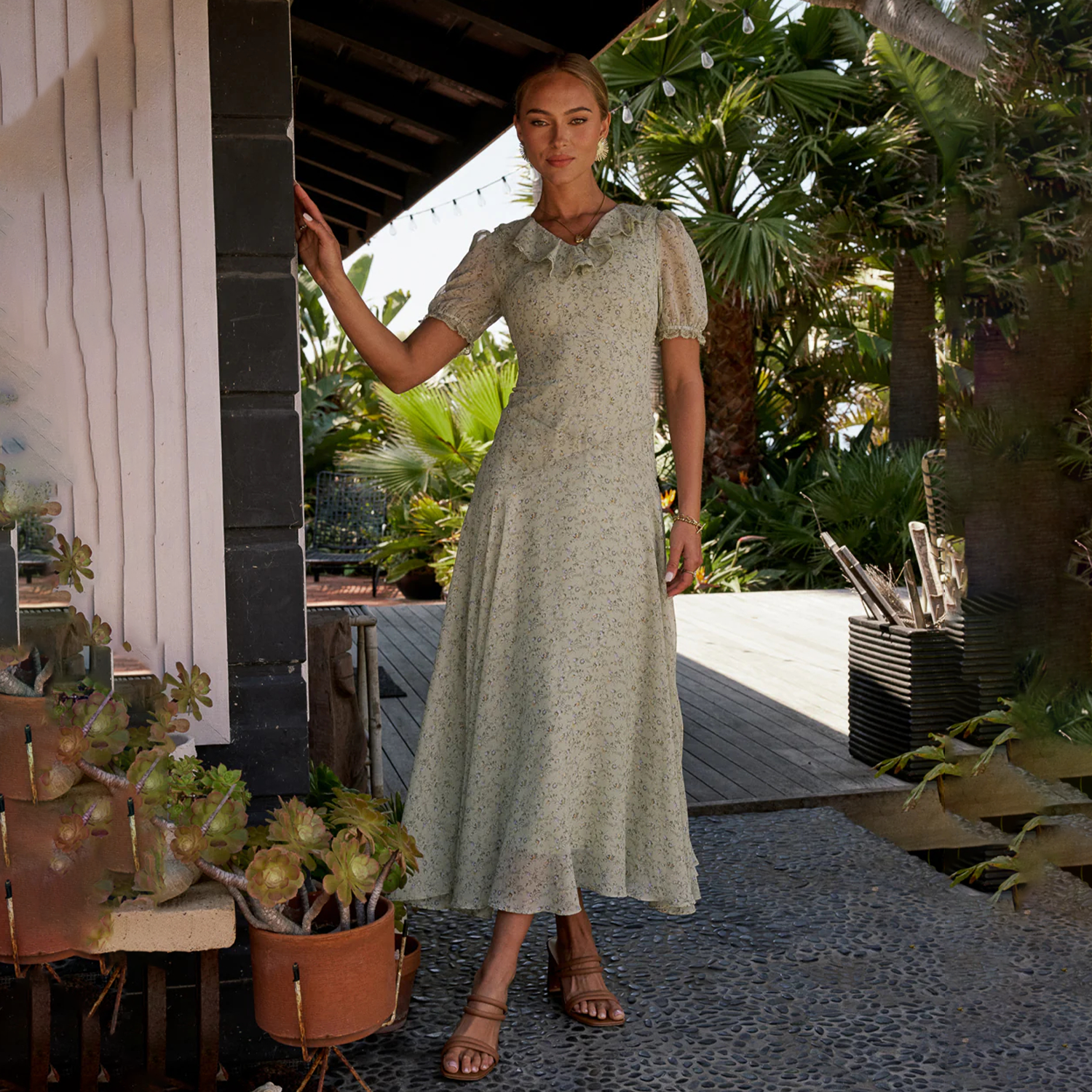 Women's Light Green Ditsy Floral Lace Print Breathable Ruffled