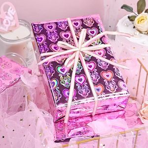 orignal pink and <b>red</b> holographic iridescent metallic hearts and bow foil wrapping <b>paper</b> for Valentine's Day and wedding - Product Image 1