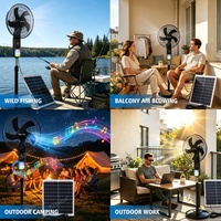 Ventilateur solaire multifonction 16 pouces sur pied avec musique Bluetooth, lumière RGB, répulsif anti-moustiques, batterie 18Ah et télécommande pour la maison