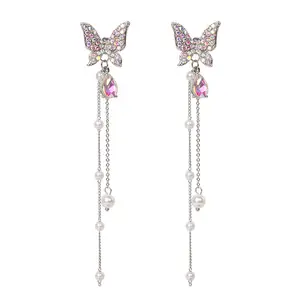 Silver Fashion Needle Earrings Full Crystal Long Pearl Tassel Stud with Beautiful Butterfly Design for Wedding