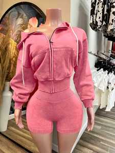 Viviblook Z414ST Women Fitness Sports Shorts Set Washed Zippered Hooded Jacket Top Shorts Tracksuit Two Piece Set for Ladies - Product Image 4