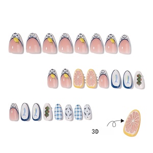 Ongles à presser French Manucure Ovale, motif floral bleu citron estival, peints à la main, réutilisables, effet 3D glacé, modèle populaire US/UE - Product Image 2