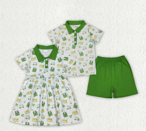 Conjunto de Ropa para Hermanos, Bebés Niños y Niñas, Verde, con Vestido hasta la Rodilla, Camisa con Botones y Lazos, Pantalones Cortos - Product Image 1