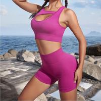 Ensemble 2 pièces de sport pour femme, soutien-gorge et short, tricoté sans couture, très extensible, couleur unie, anti-humidité, tenue de yoga, Printemps/Été, Transfrontalier