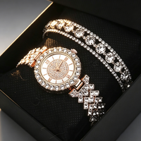 Montre pour femme de luxe avec cadran entièrement serti de diamants, bracelet en strass en zigzag avec double rangée de cristaux, ensemble de bijoux 2 pièces