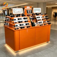 Exhibidores de Gafas con Marco Óptico Naranja Vibrante, Base LED Brillante, Estantes de Vidrio Templado Escalonados, Soporte para Exhibición de Gafas