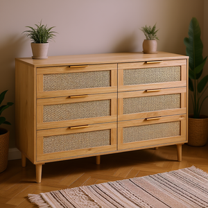 Commode bohème à 7 tiroirs en rotin naturel, meuble de rangement pour chambre à coucher, design autoportant en panneaux MDF - Product Image 2