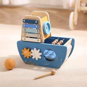 Bateau <span class=keywords><strong>pirate</strong></span> multifonctionnel en bois pour enfants : circuit de billes éducatif, xylophone et engrenages rotatifs – Jouet océanique cinq-en-un - Product Image 2